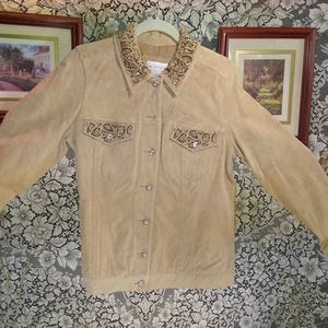 Victor Costa tan jacket leather leopard print embellished collar pockets vintage